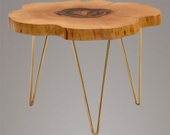 Wooden Bark Side Table on Attractive Brass Base