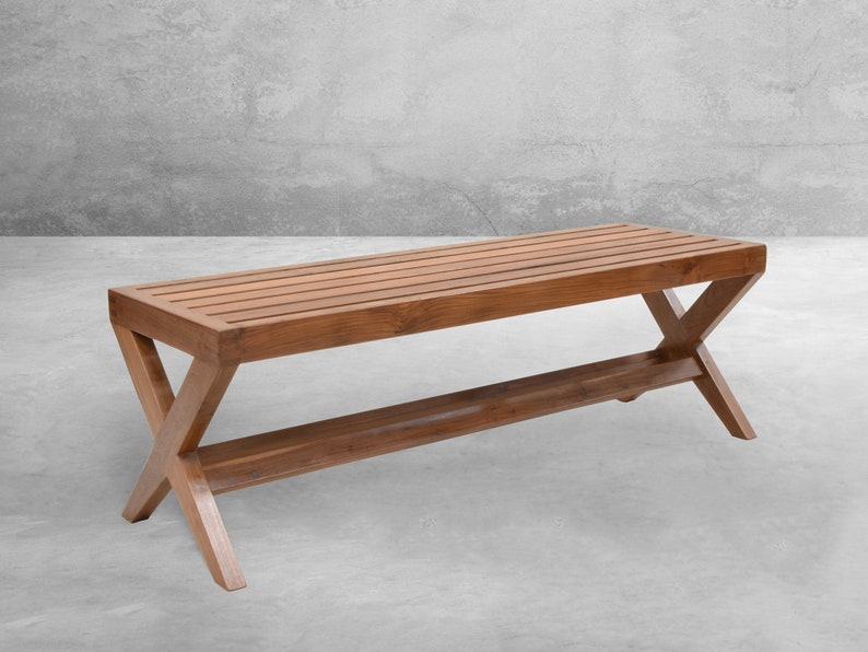 Handmade Pierre Jeanneret Inspired Slatted X-Leg Bench Outdoor Furniture Range image 1