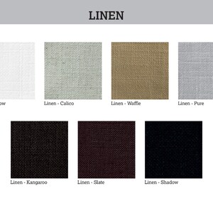 May include: A collection of seven linen fabric swatches in various colors and textures, including Snow, Calico, Waffle, Pure, Kangaroo, Slate, and Shadow.