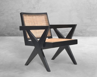 Pierre Jeanneret Inspired Cross Easy Lounge Chair - Reclaimed Teakwood with Rattan Caning