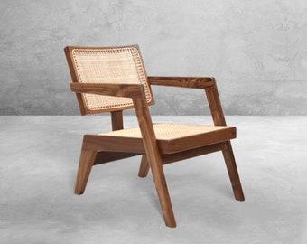 Handmade Reclaimed Teakwood T Back Caned Lounge Chair - Pierre Jeanneret Inspired
