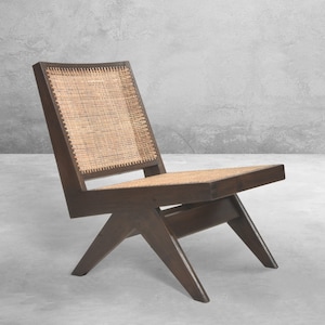 Handmade Pierre Jeanneret Inspired Armless Easy Chair with Reclaimed Teakwood and Rattan Caning
