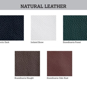 May include: Five leather swatches in different colors: Arctic Dark, Iceland Snow, Scandinavia Forest, Scandinavia Nought, and Scandinavia Oslo Rust.  Natural Leather.