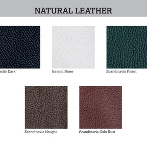 May include: Five leather swatches in different colors: Arctic Dark, Iceland Snow, Scandinavia Forest, Scandinavia Nought, and Scandinavia Oslo Rust.  Natural Leather.