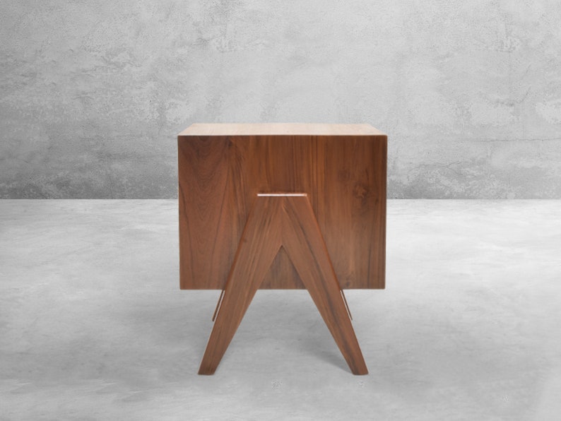 Handmade Pierre Jeanneret-Inspired Teakwood Bedside Table with Compass Legs image 3