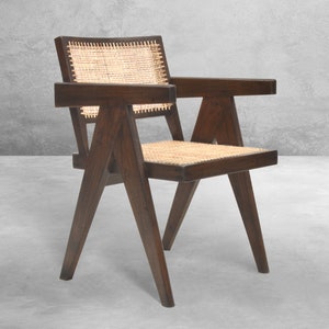 Pierre Jeanneret Inspired Narrow Touch Office Chair - Reclaimed Teakwood with Rattan Caning