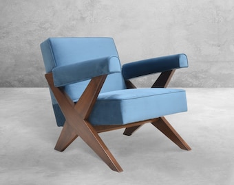 Handmade Pierre Jeanneret Inspired X Leg Lounge Armchair - Reclaimed Teakwood Upholstered with High-Quality Fabrics