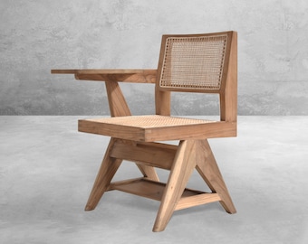 Handmade Pierre Jeanneret Inspired Writing Chair with Teakwood Frame and Braided Caning