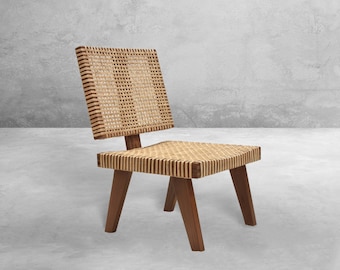 Rare fauteuil sans accoudoirs | Chaise longue à double cannage | Inspiré de Pierre Jeanneret