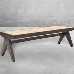 Handmade Pierre Jeanneret Inspired Bench, Solid Teakwood with Rattan Caning