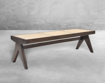 Handmade Pierre Jeanneret Inspired Bench, Solid Teakwood with Rattan Caning
