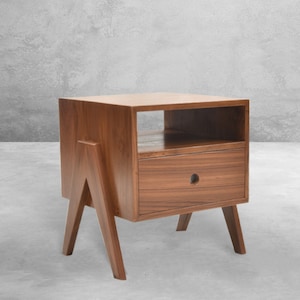 Handmade Pierre Jeanneret-Inspired Teakwood Bedside Table with Compass Legs image 1