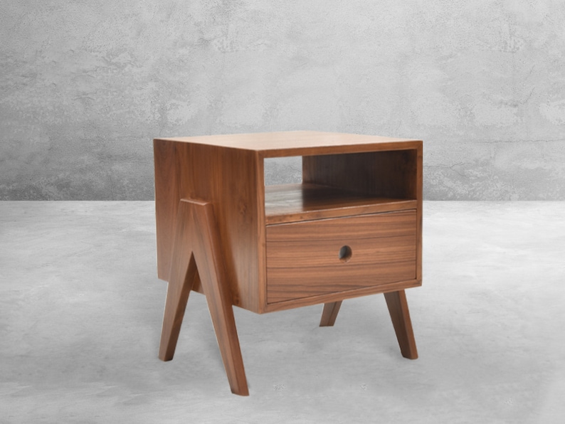 Handmade Pierre Jeanneret-Inspired Teakwood Bedside Table with Compass Legs image 1