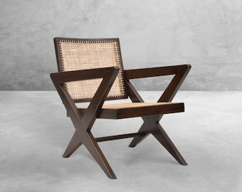 Pierre Jeanneret Inspired Cross Easy Chair - Handmade Teakwood Armchair with Canework