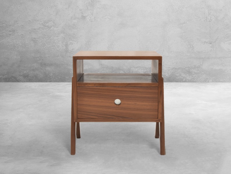 Handmade Pierre Jeanneret-Inspired Teakwood Bedside Table with Compass Legs image 2