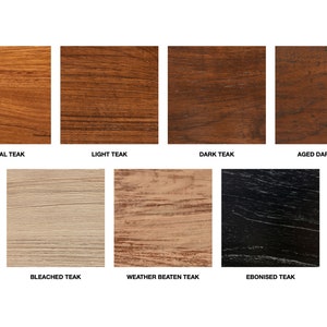May include: A collection of wood samples showing different finishes, including natural, light, dark, aged dark, bleached, weather beaten, and ebonized teak.
