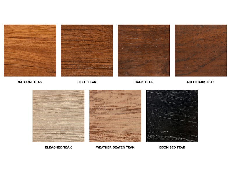 May include: A collection of wood samples showing different finishes, including natural, light, dark, aged dark, bleached, weather beaten, and ebonized teak.