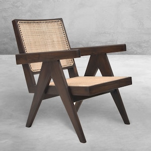 Handmade Pierre Jeanneret Inspired Cane & Teakwood Armchair - Reclaimed Teakwood with Rattan Caning