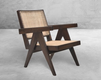 Handmade Pierre Jeanneret Inspired Cane & Teakwood Armchair - Reclaimed Teakwood with Rattan Caning