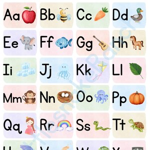 May include: A colorful alphabet chart featuring watercolor illustrations of objects corresponding to each letter. Includes an apple, bee, carrot, duck, elephant, fish, guitar, horse, ice cubes, jellyfish, kite, leaf, monkey, nest, octopus, pumpkin, princess, rainbow, snake, turtle, umbrella, volcano, watermelon, X-ray, yarn, and zebra.