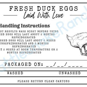 May include: A black and white label for fresh duck eggs, featuring a detailed illustration of a duck. The label includes handling instructions and a space to indicate the packaging date. The text reads "Laid With Love."