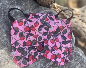 Homemade sewn chicken saddle - Green and Strawberries with Monarch Butterflies and Ladybugs