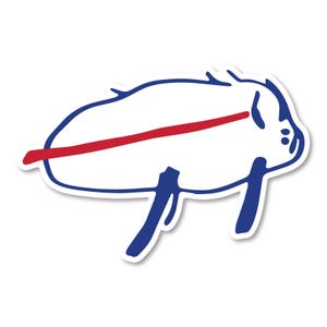 May include: A sticker featuring a stylized, minimalist line drawing of a buffalo in blue ink. The design includes a bold, horizontal red line running across the center of the buffalo's body, set against a clean white background with a die-cut border.