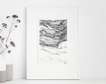 ORIGINAL Tusche Zeichnung, abstrakte Illustration Meer und Wellen, handgefertigt, auch als Poster, Art Print als Wanddeko fürs Wohnzimmer