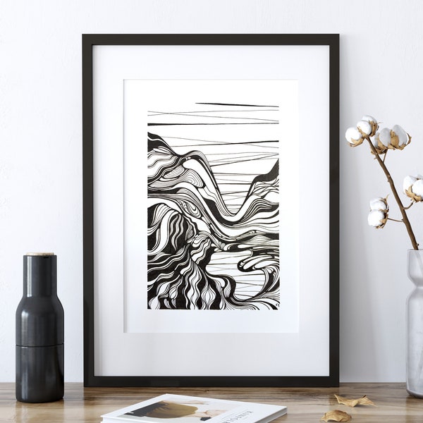 ORIGINAL Tusche Zeichnung, feine Illustration, stiller Bergsee mit Spiegelung, handgefertigt, auch als Poster, Art Print als Wanddeko