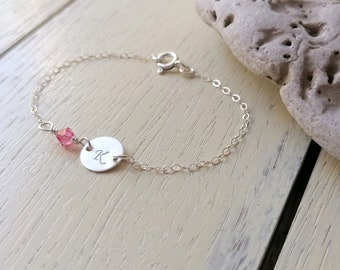 Baby Initial Disc Anklet Sterling Silver with Swarovski Birthstone, Baby Girl Newborn Toddler Jewelry, Birthday Gift, Personalized Jewelry