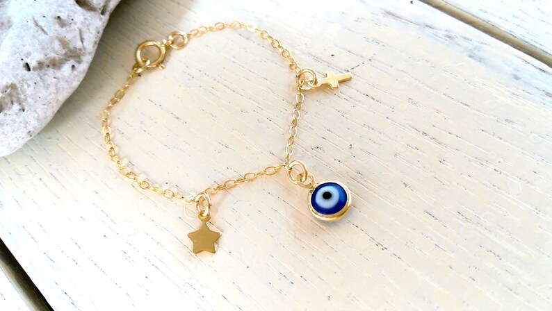Evil Eye Baby Infant Girl Ankle Bracelet Baby Evil Eye Anklet Gold Fill with Cross and Star Baby Girl Baptism Gift Baby Shower Gift