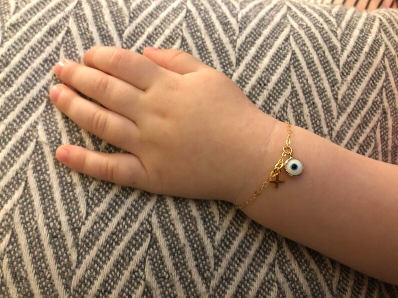 Baby Evil Eye Bracelet Gold Fill With Cross Baby Infant Girl Etsy