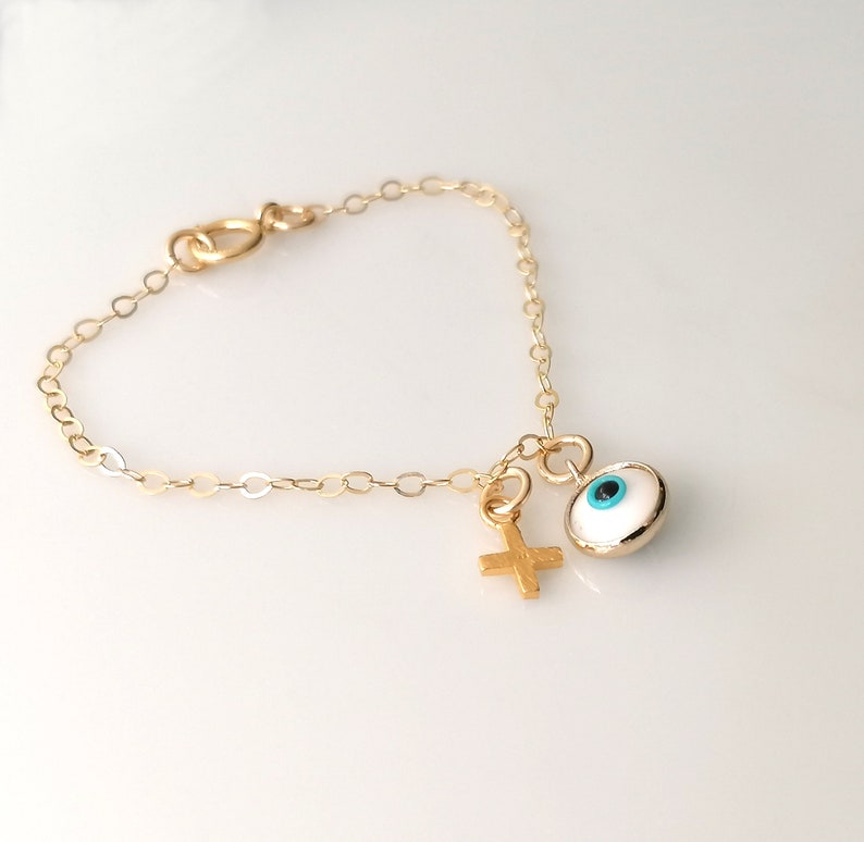 Baby Evil Eye Bracelet Gold Fill With Cross Baby Infant Girl Etsy
