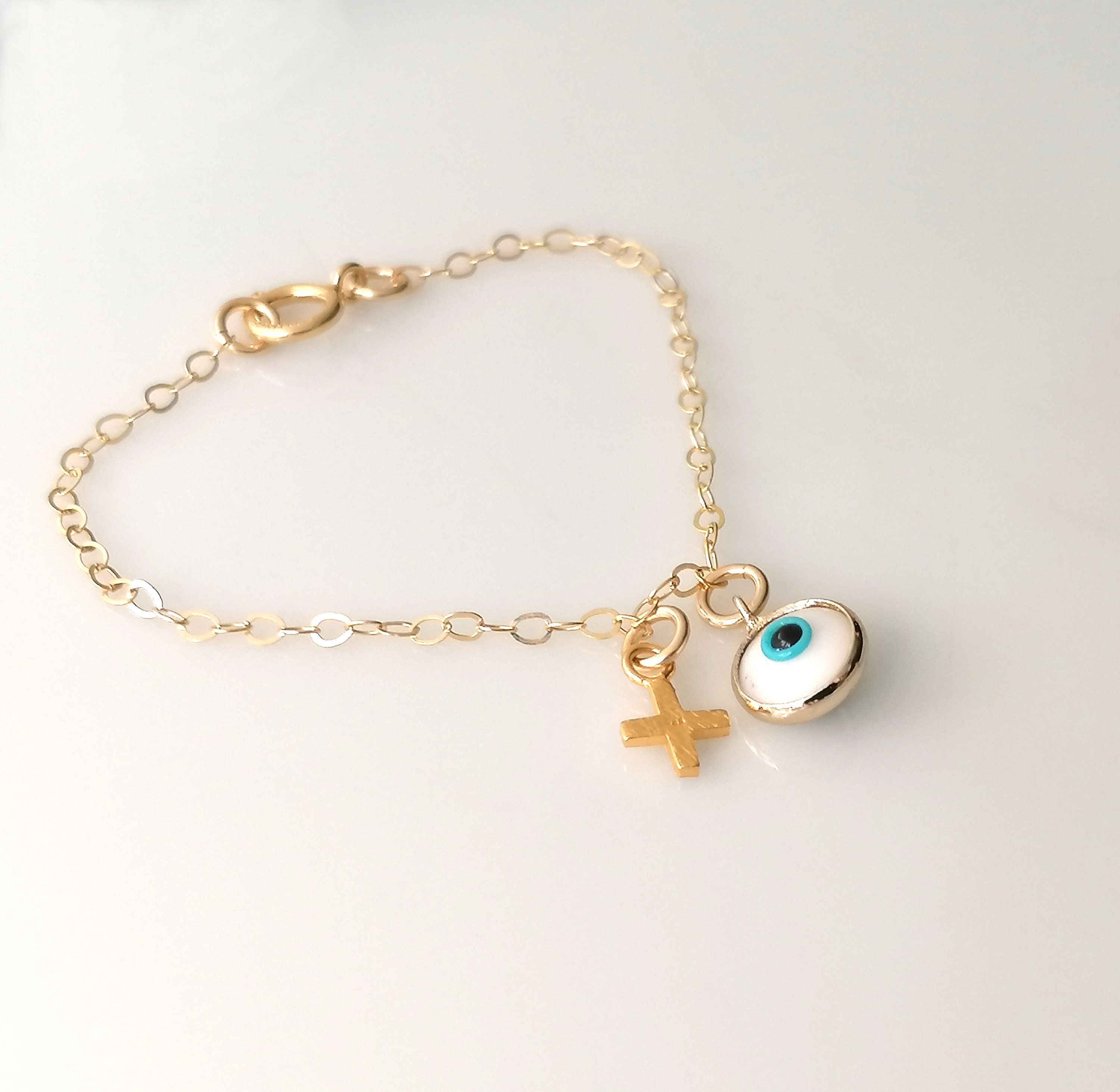Baby Evil Eye Bracelet Gold Fill with Cross Baby Infant Girl Etsy