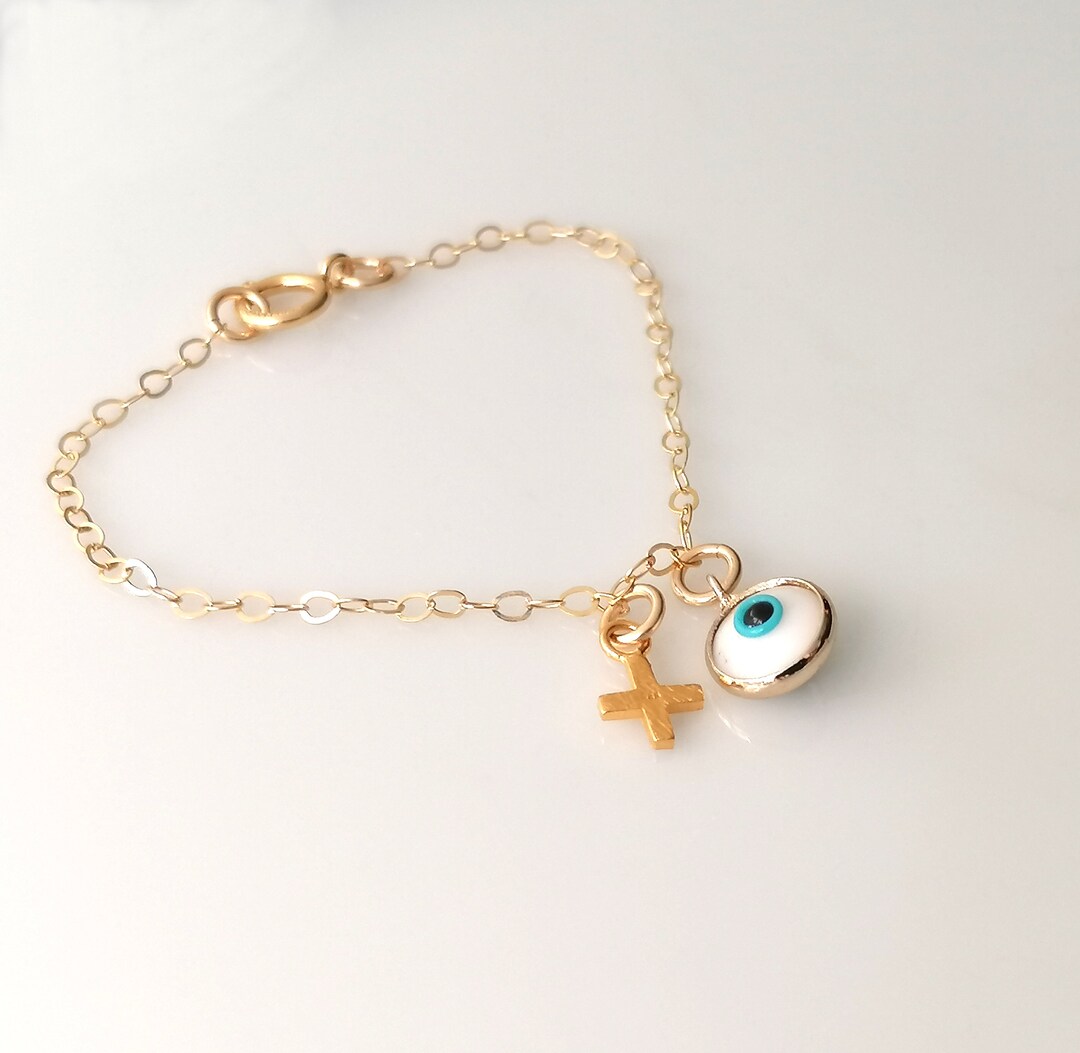 Baby Evil Eye Bracelet Gold Fill With Cross Baby Infant Girl Etsy