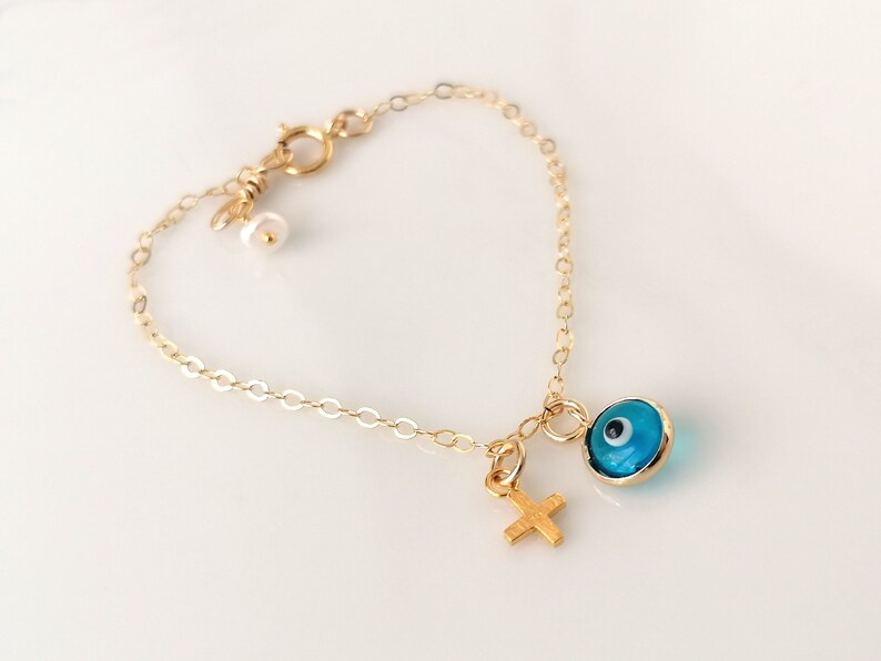 Baby Evil Eye Bracelet Gold Fill With Cross Baby Infant Girl Etsy