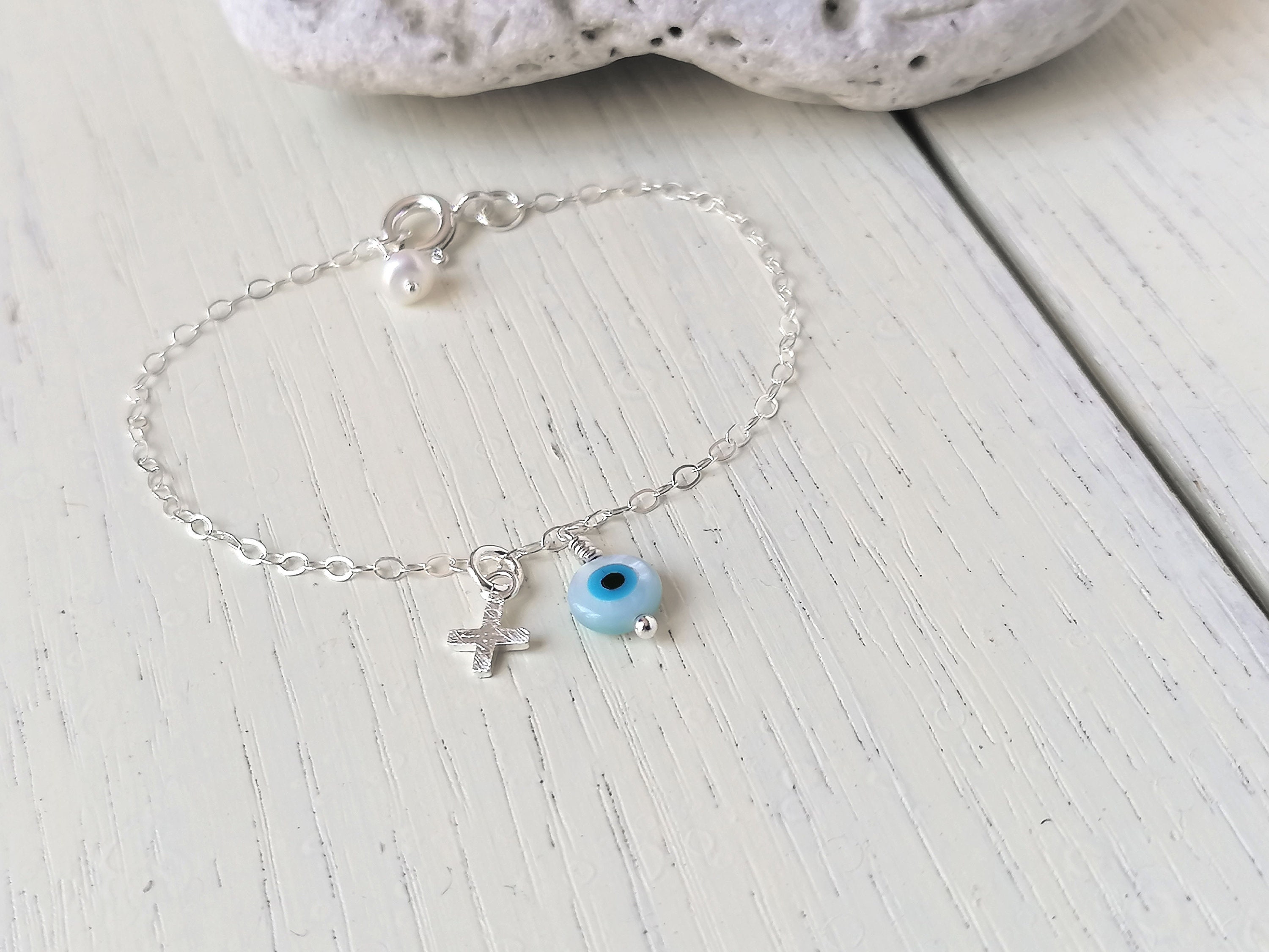 Baby Evil Eye Bracelet Sterling Silver With Cross Baby Infant Etsy