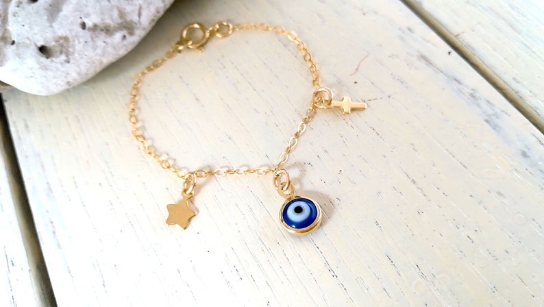 Evil Eye Baby Infant Girl Ankle Bracelet Baby Evil Eye Anklet Gold Fill with Cross and Star Baby Girl Baptism Gift Baby Shower Gift