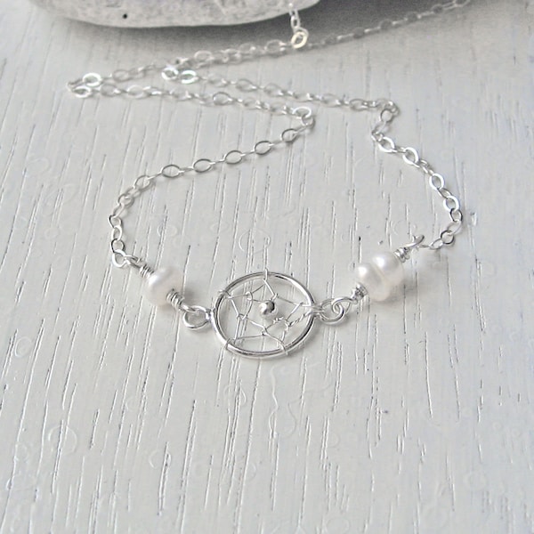 Baby Dream Catcher Necklace Sterling Silver, White Pearl Baby Teenage Girl Jewelry Gift, Communion Gift, Flower Girl Jewelry Gift