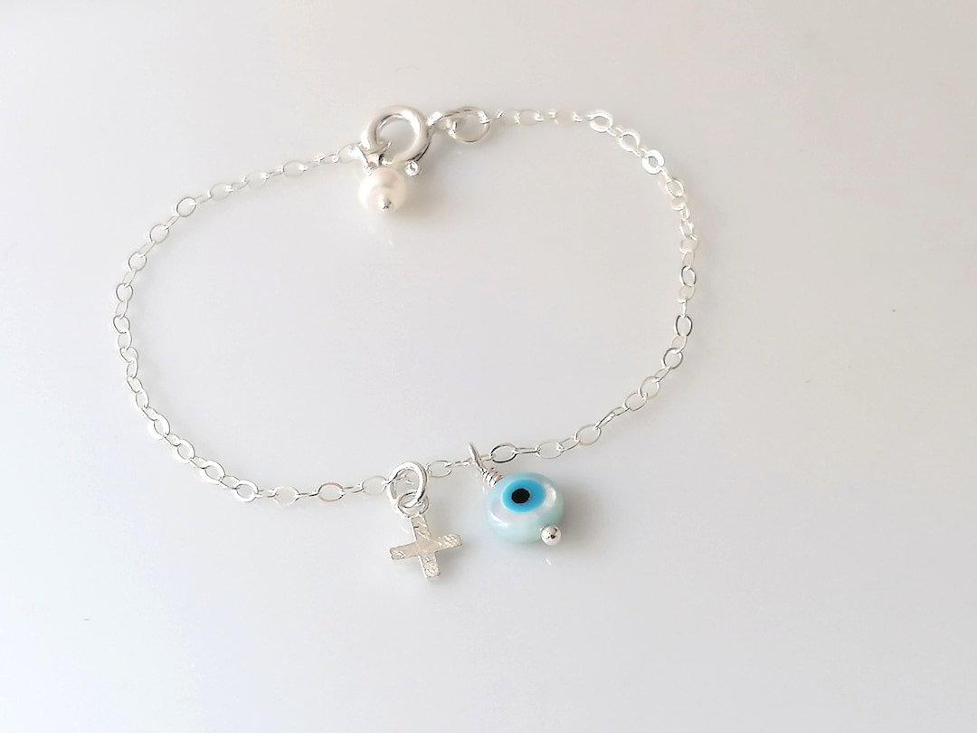 Baby Evil Eye Bracelet Sterling Silver With Cross, Baby Infant Girl
