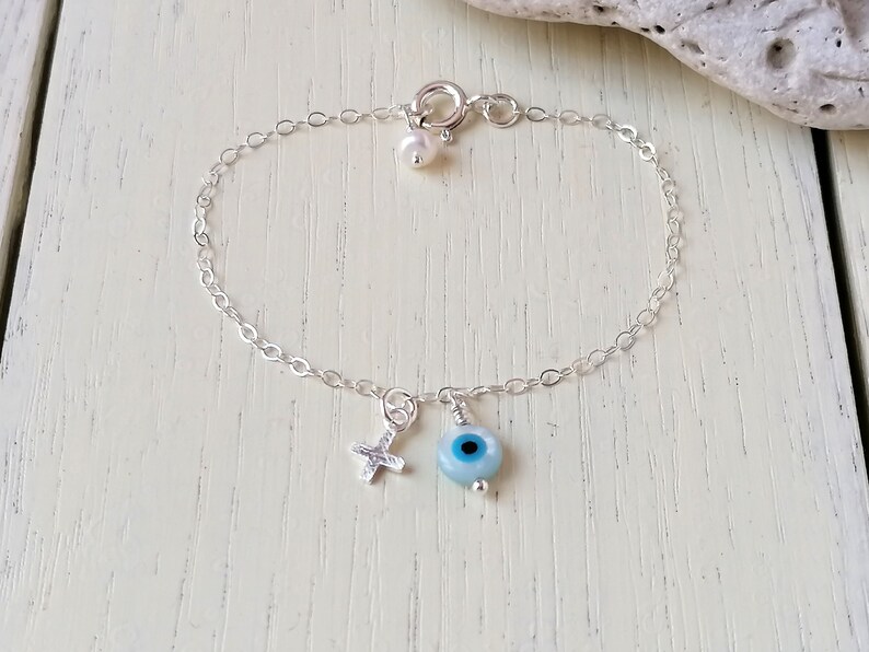 Baby Evil Eye Bracelet Sterling Silver With Cross Baby Infant Etsy