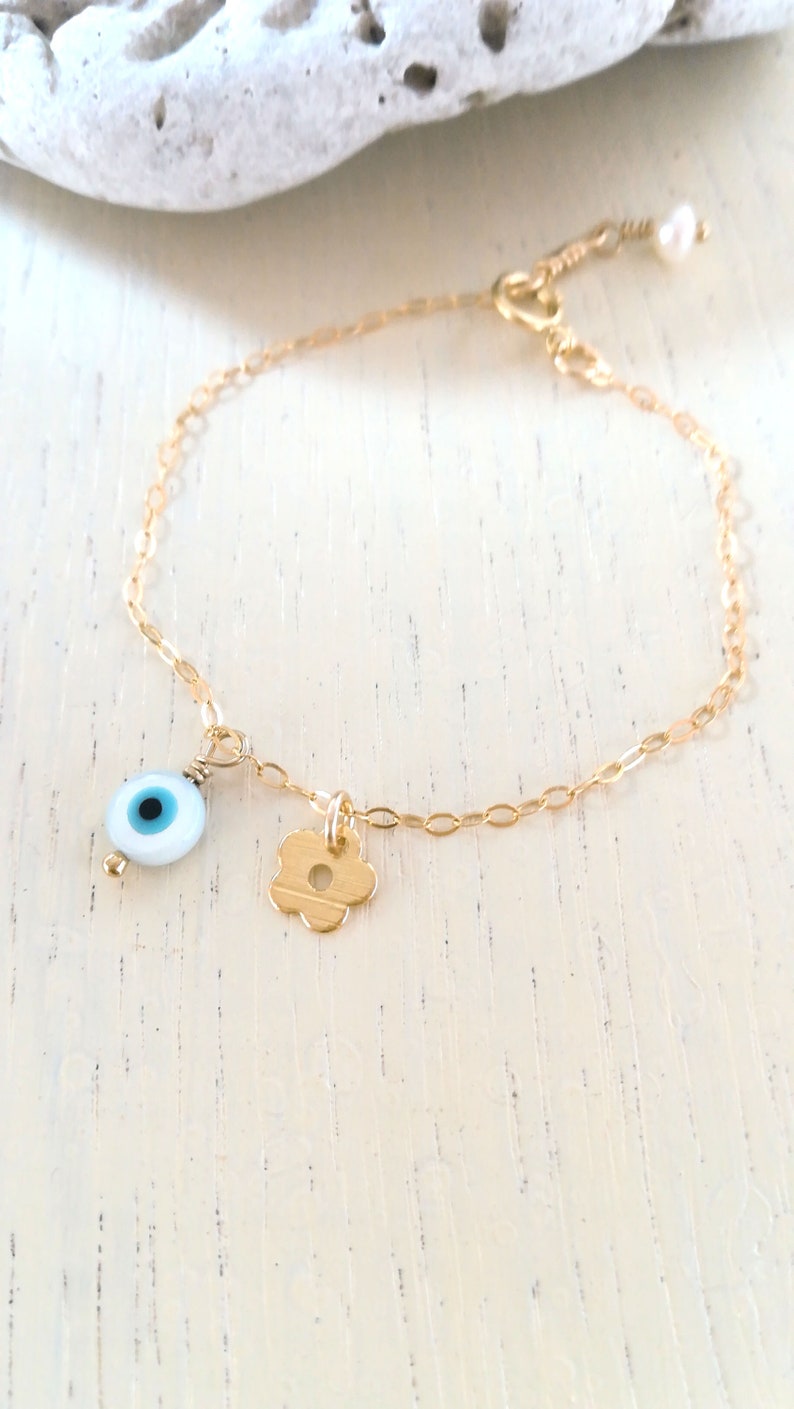 Baby Girl Evil Eye Anklet 14k Gold Fill With Gold Flower Etsy