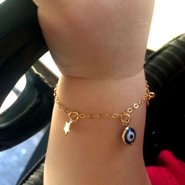 Baby Evil Eye Bracelet 14k Gold Fill with Cross and Star, Baby Infant Girl Jewelry, Gift for Newborn, Baby Girl Baptism Gift