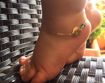 Baby Custom Anklet 14k Gold Fill, Swarovski Crystal Anklet, Initial Disc Ankle Bracelet, Personalized Toddler Anklet, Custom Jewelry