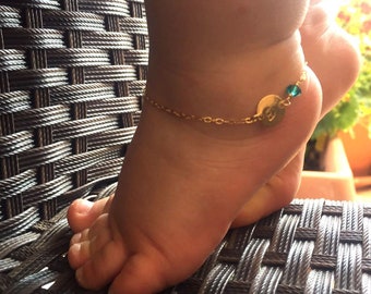 Baby Custom Anklet 14k Gold Fill, Swarovski Crystal Anklet, Initial Disc Ankle Bracelet, Personalized Toddler Anklet, Custom Jewelry