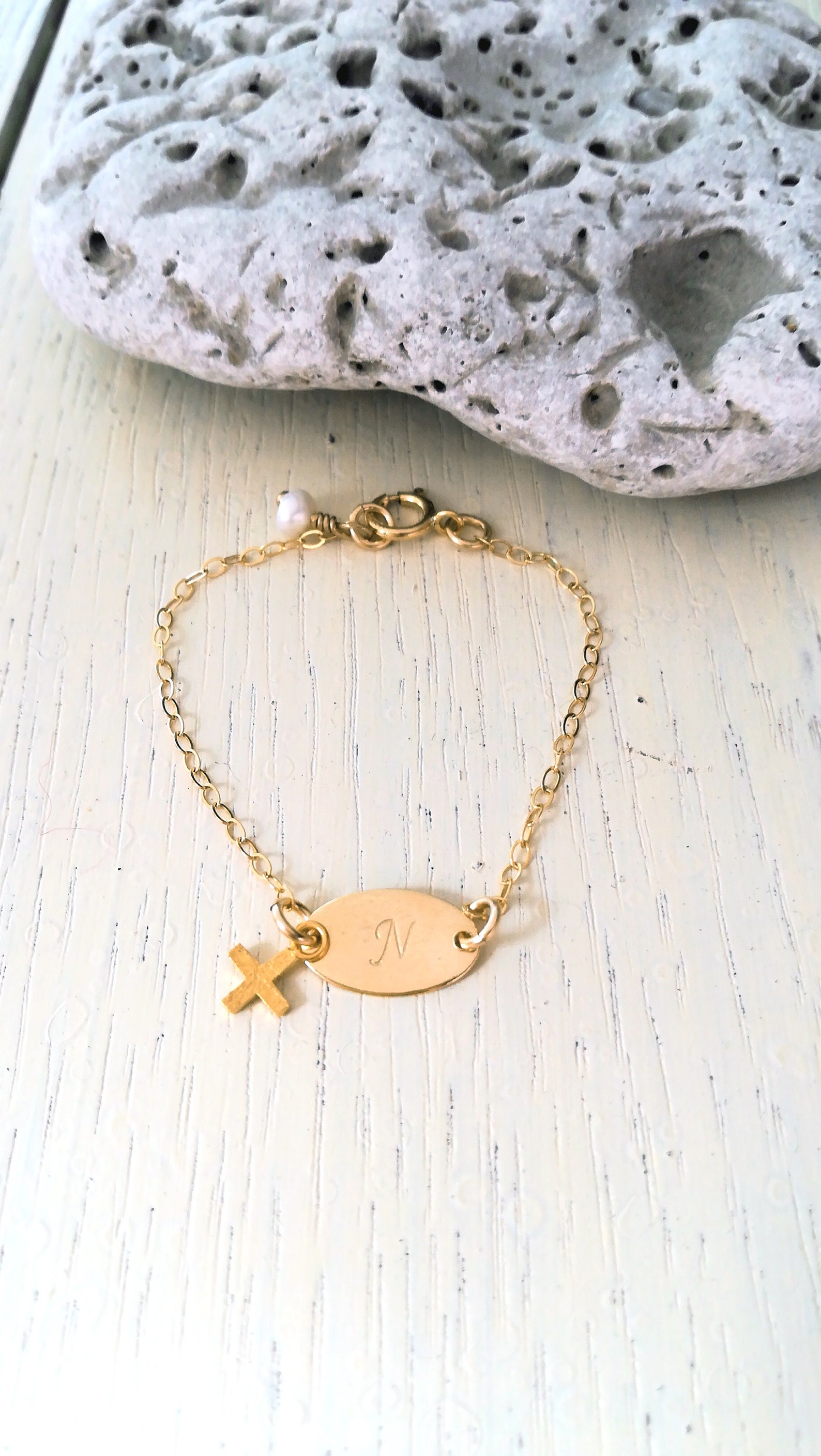 Baby Initial Anklet Gold Fill With Cross Baby Girl Newborn Etsy