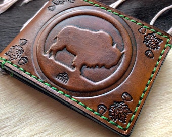 Handmade Buffalo Leather Bi-Fold Wallet with Native American Design