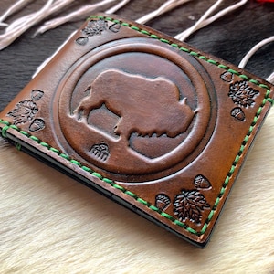 Roam Free Buffalo Totem Leather Bi Fold Wallet-Bison Spirit Animal-Native American Symbols-Lighting Medicine Cloud-Unisex-Made to Order