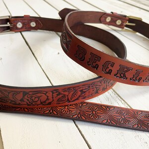 Customized Leather Belt-your name embossed genuine leather-saddle tan stain-10 patterns-hardware finish-MADE IN USA-Retro Vintage 70's belt image 4