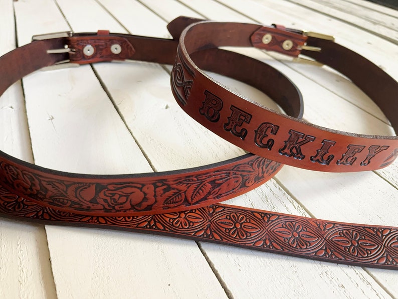 Customized Leather Belt-your name embossed genuine leather-saddle tan stain-10 patterns-hardware finish-MADE IN USA-Retro Vintage 70's belt image 4